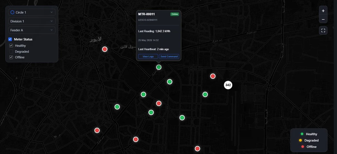 The MetersBoard GIS view — meters plotted across a city, filtered by circle, division and feeder, with a selected meter showing its last reading and heartbeat